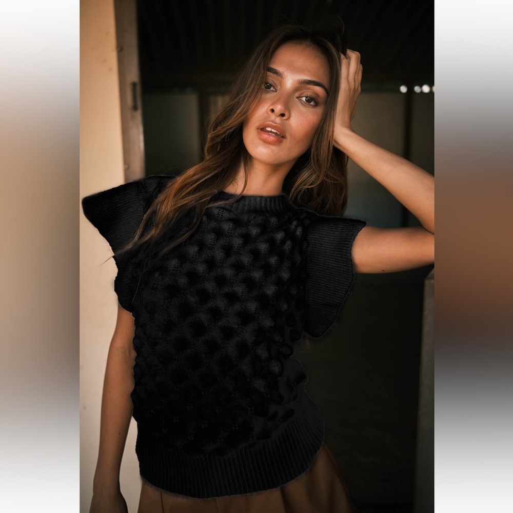 Ruffle Sleeve Textured Sweater Top-BLACK